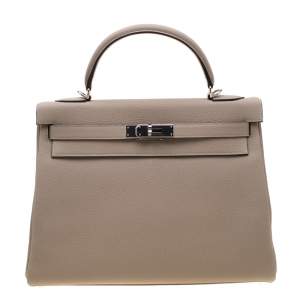 Hermes Gris Tourterelle Togo Leather Palladium Hardware Kelly Retourne 32 Bag