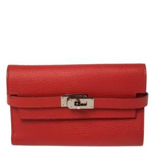 Hermes Rouge Casaque Evercolor Leather Kelly Depliant Medium Wallet