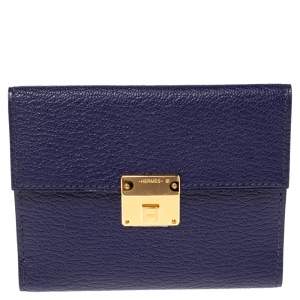 Pre Owned Hermes Bleu Encre Chevre Mysore Leather Mini Clic Card Holder