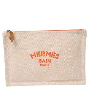 مملوكة مسبقًا Hermes Bain Beige/White Cotton Canvas New Yachting Case Small Pouch