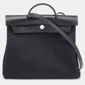 Pre Owned Hermes Noir Toil and Vache Hunter Leather Herbag Zip 39 Bag