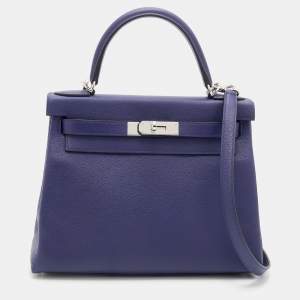 Pre Owned Hermès Bleu Encre/Bleu Zellige Evercolor Leather Palladium Plated Kelly 28 Retourne Bag