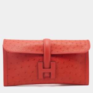 Pre Owned Hermes Orange Poppy Ostrich Elan Jige Clutch