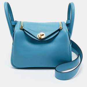 Pre Owned Hermes Bleu Du Nord Swift Leather Gold Finish Lindy 20 Bag