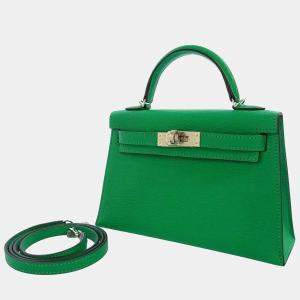 Hermes Green Chevre Mysore Goatskin Leather Palladium Hardware Kelly Mini II 20 Top Handle Bag