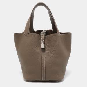 Hermes Etoupe Taurillon Clemence Leather Picotin Lock 22 Bag