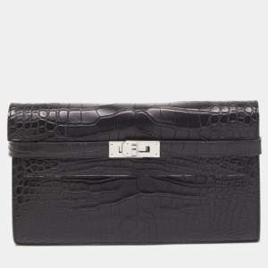 Hermes Black Matte Alligator Palladium Finish Kelly Classic Wallet