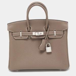 Hermes Etoupe Togo Leather Palladium Finish Birkin 25 Bag 