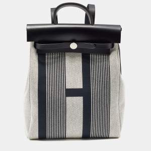 Hermes Black/Ecro H Vibration Toile Canvas and Vache Hunter Leather Herbag Zip Backpack