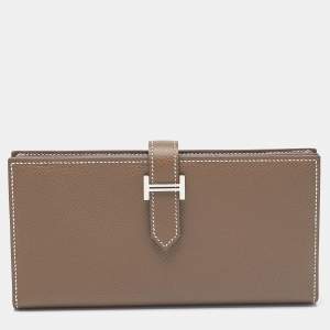 Hermes Taupe  Epsom Leather Palladium Finish Bearn Wallet