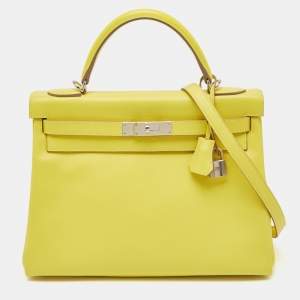 Hermès Lime Evercolor Leather Palladium Finish Kelly Retourne 32 Bag