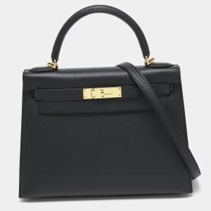Hermes Noir Epsom Leather Gold Finish Kelly Sellier 28 Bag