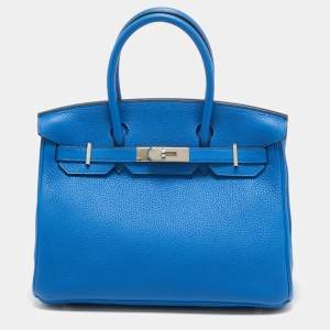 Hermes Bleu Zellige Taurillion Clemence Leather Palladium Finish Birkin 30 Bag