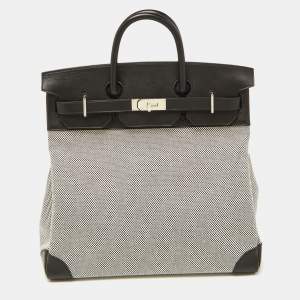 Hermes Black/Ecru Toile Quadrille and Evergrain Leather Palladium Finish HAC Birkin 40 Bag