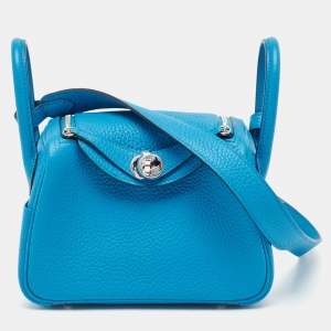 Pre Owned Hermès Bleu Frida Taurillon Clemence Leather Palladium Finish Mini Lindy Bag