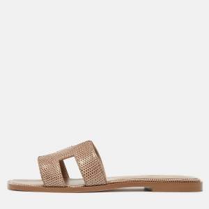 Hermès Beige Shiny Lizard Oran Flat Slides Size 38