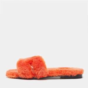 Hermes Orange Shearling Fur Oran Flat Slides Size 38