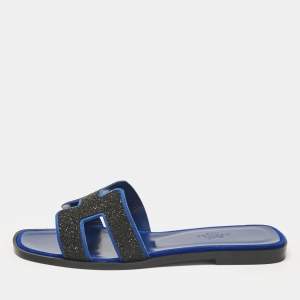 مملوكة مسبقًا Hermes Blue/Black Suede Crystal Embellished Oran Flat Slides Size 36.5