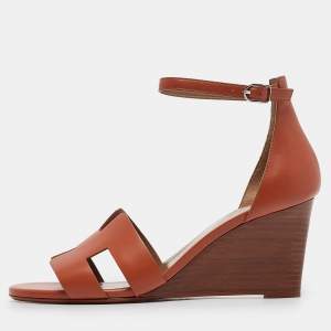Hermes Brown Leather Legend Wedge Sandals Size 38.5