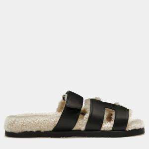 Hermes Noir/Ecru Calfskin Chypre Sherling Sandal 38