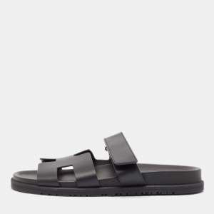 Hermès Black Leather Chypre Flat Sandals 40.5