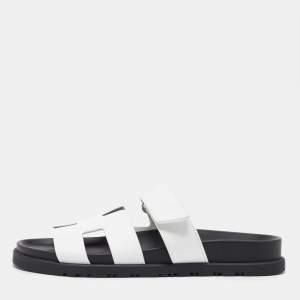Hermes White Leather Chypre Flat Sandals Size 37.5