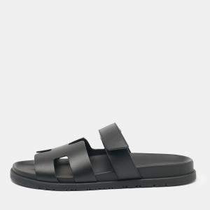 Hermes Black Leather Chypre Sandals Size 42