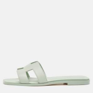Hermes Mint Green Leather Oran Flat Slides Size 37.5
