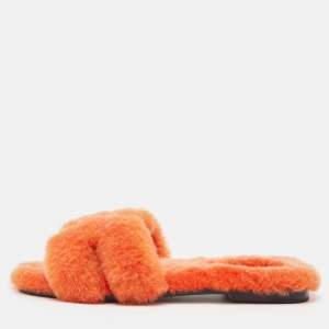 Hermes Orange Shearling Fur Oran Flat Slides Size 37.5