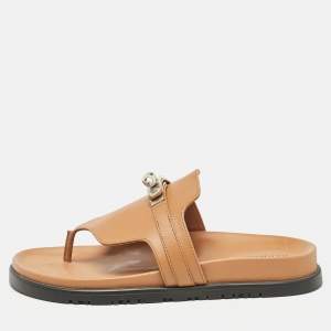 Hermes Brown Leather Empire Flat Sandals Size 38
