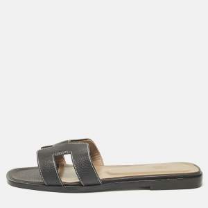 Hermes Black Leather Oran Flat Slide Sandals Size 36