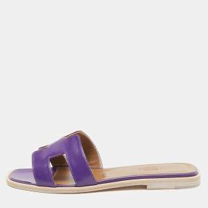 Hermes Purple Leather Oran Flat Slides Size 36.5