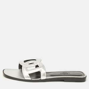 Hermes Silver Leather Omaha Flat Slides Size 39