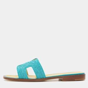 Hermes Blue Twisted Metal Thread Oran Flat Slides Size 36