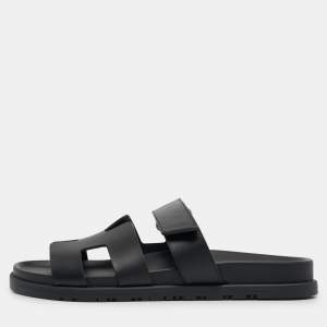 Hermes Black Leather Chypre Sandals Size 39