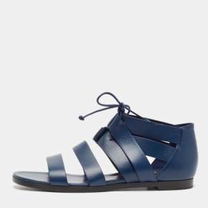 Hermes Navy Blue Leather Gladiator Flat Sandals Size 38.5