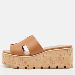Hermes Brown Leather Eze Platform Cork Wedge Sandals Size 38