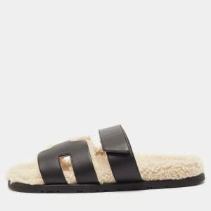 Hermes Black Leather and Shearling Fur Lined Chypre Sandals Size 40