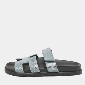 Hermes Blue Lizard Leather Chypre Flat Sandals Size 38