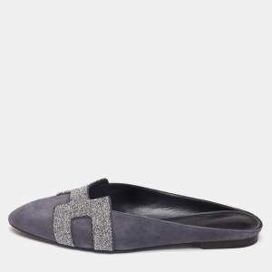 Hermès Grey Suede Crystal Embellished Roxane Flat Mules Size 40