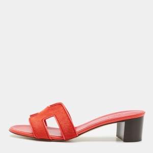 Hermes Red Calf Hair and Leather Oasis Slide Sandals Size 39