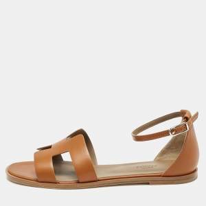 Hermès Brown Leather Santorini Ankle Strap Flat Sandals Size 40