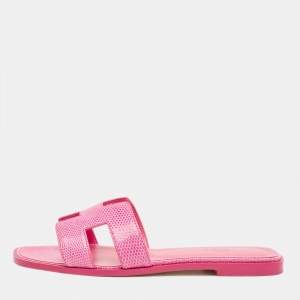 Pre Owned Hermès Pink Lizard Oran Flat Slides Size 40