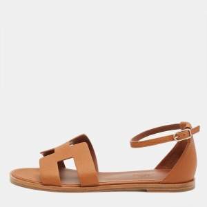 Pre Owned Hermes Brown Leather Santorini Ankle Strap Sandals Size 38