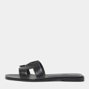 Pre Owned Hermès Black Leather Oran Flat Slide Size 38