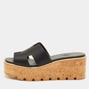 مملوكة مسبقًا Hermès Eze 30 Size 40 Black Leather Cork Platform Slide Sandals