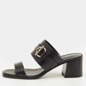 Pre Owned Hermes Kute Size 39.5 Black Leather Block Heel Slide Sandals