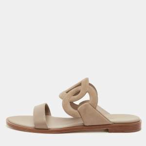 مملوكة مسبقًا Hermes Lagune Size 39.5 Khaki Beige Leather and Suede Flat Slide Sandals