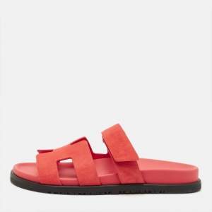 Pre Owned Hermès Chypre Size 39.5 Red Suede Flat Sandals
