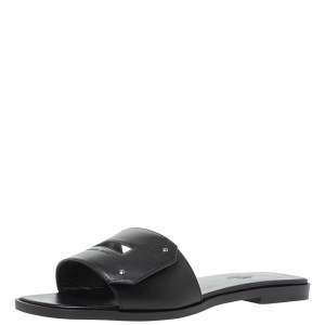 Pre Owned Hermes Black Leather View Slide Sandals Size 38